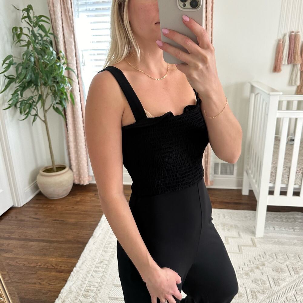 Lovers + Friends Valkyrie Sleeveless Ruffle Trim Smocked Jumpsuit Black S - Picture 3 of 9